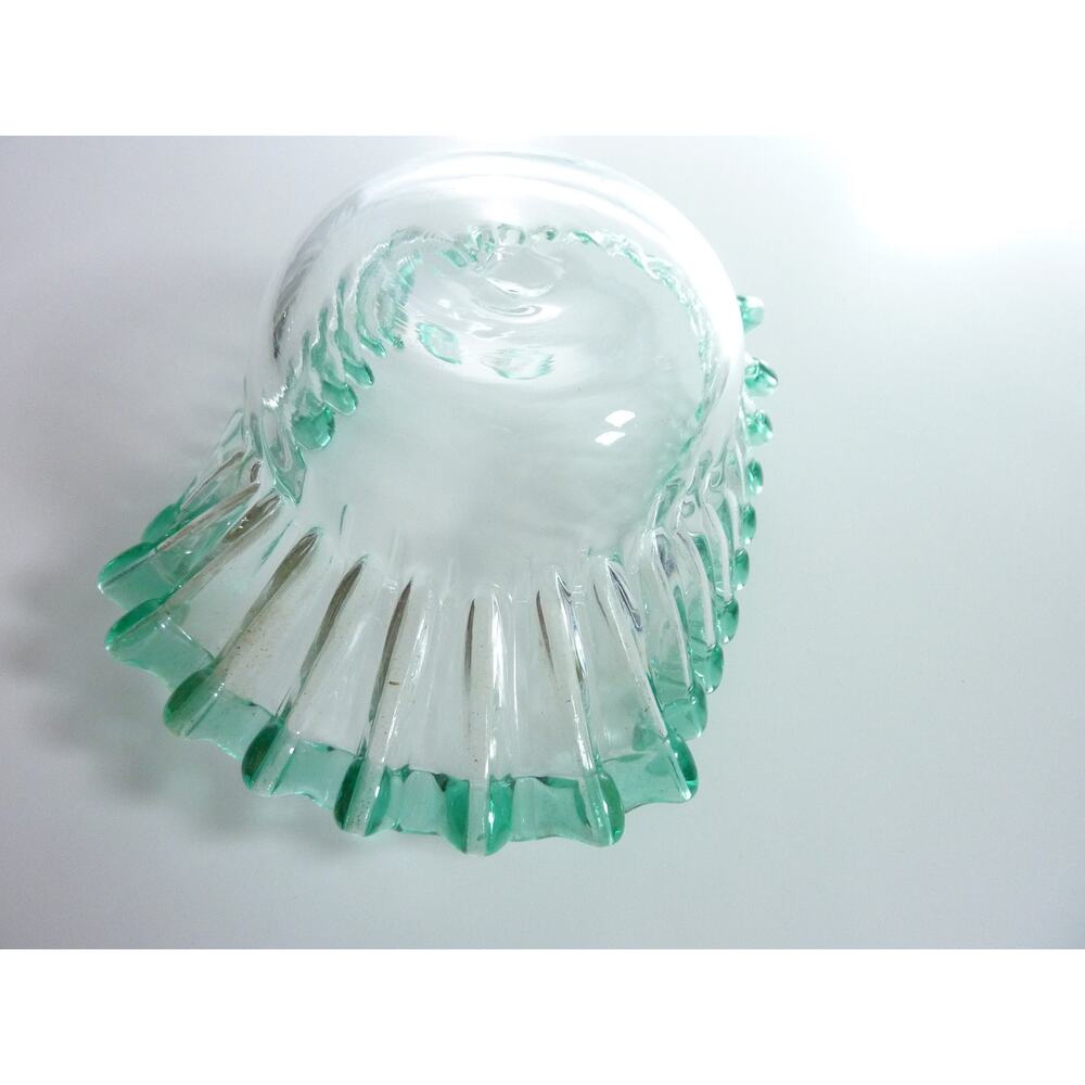 Vintage Clear Blown Glass Bowl Green/Blue Edge Trim Scalloped Ruffle Mermaid - Picture 6 of 8